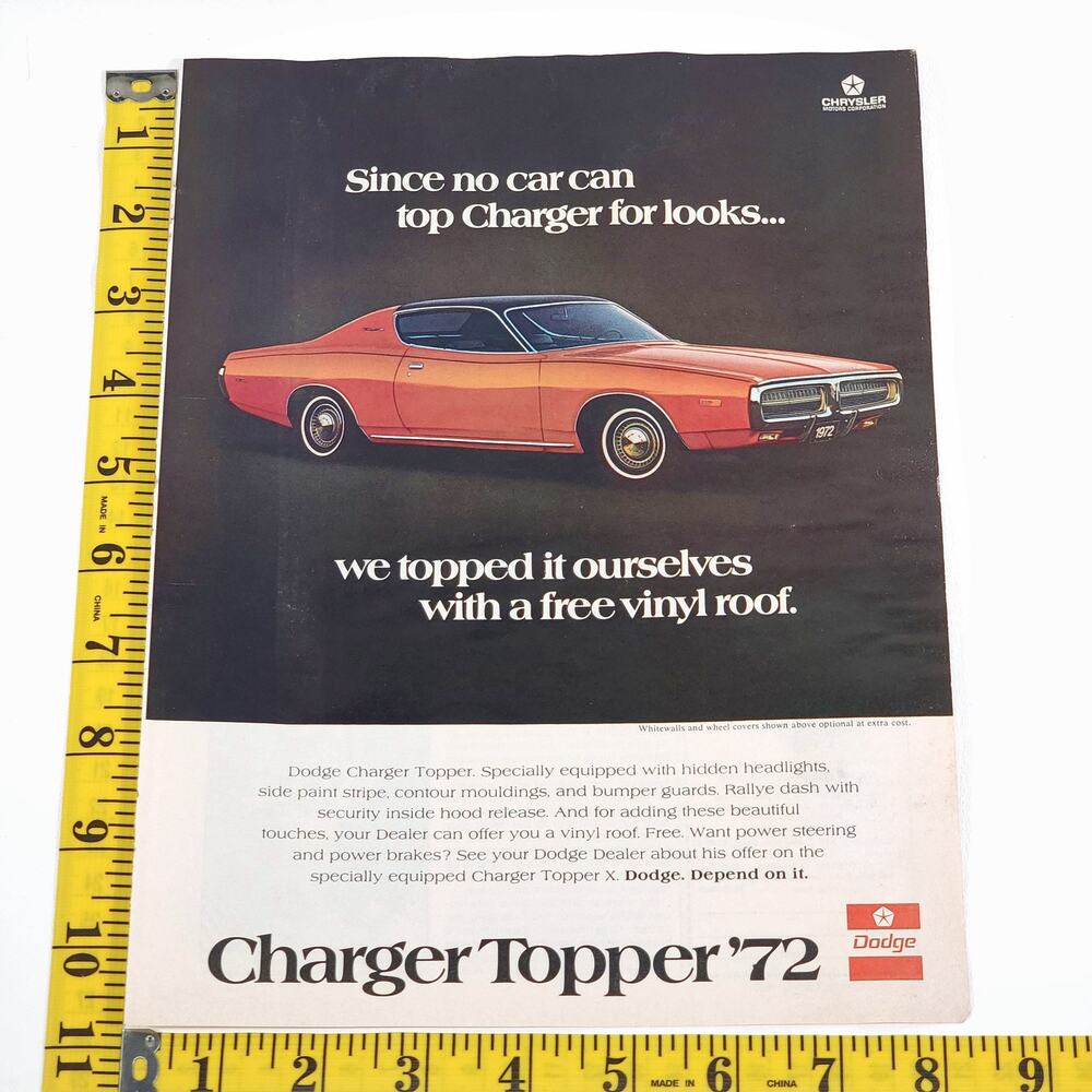 1972 Dodge Charger Topper 8"x11" Vintage Print Ad Car Craft Magazine‎